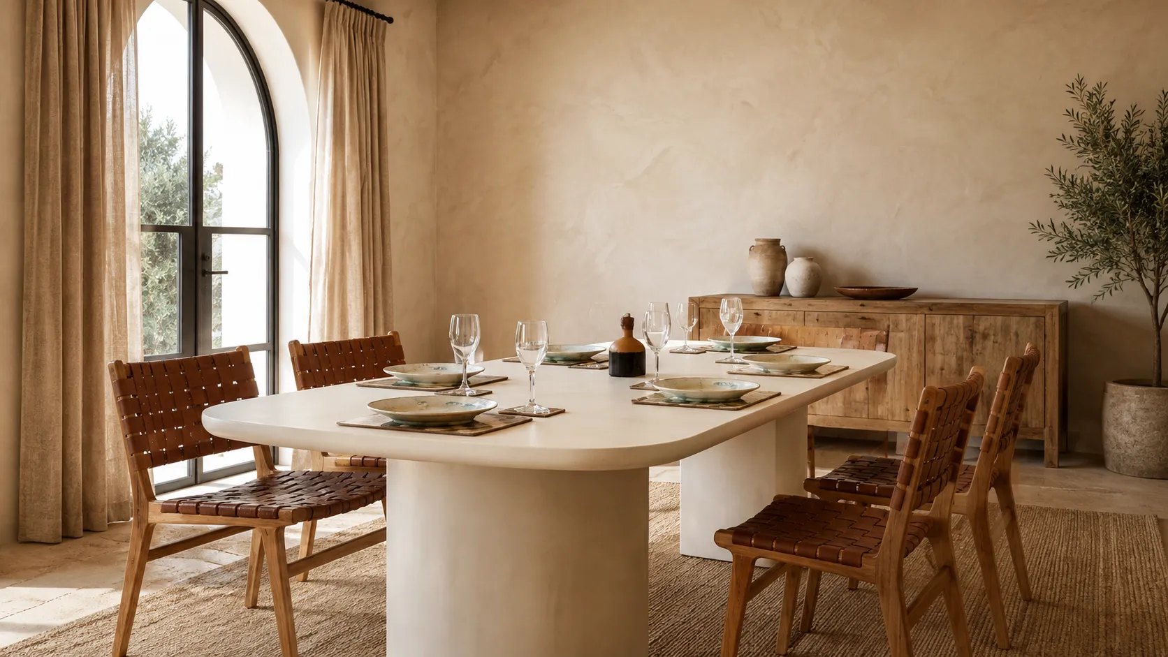 Dining room with a handcrafted microcement table