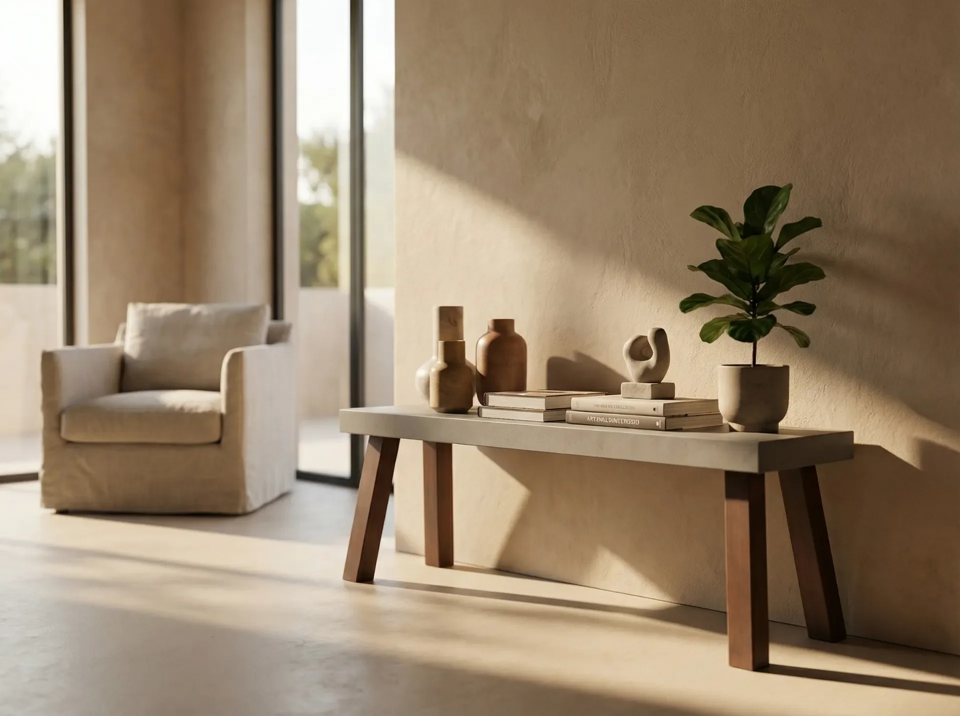 Microcement console in a sunlit living room