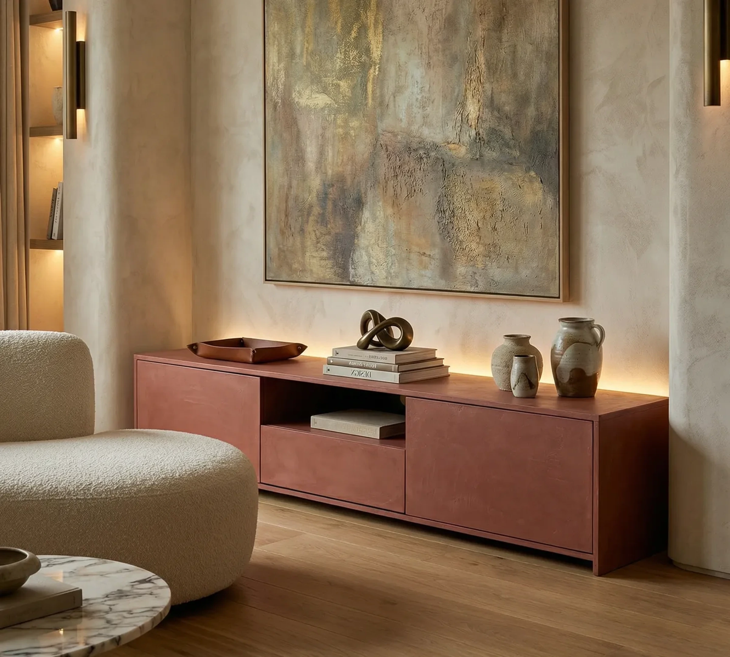 Terracotta-toned furniture piece in a lived-in interior