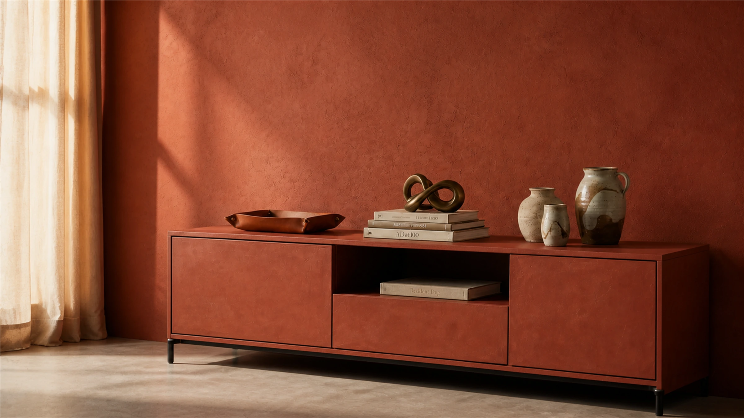 Terracotta-toned furniture piece in a warm interior